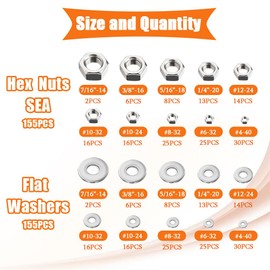 Dianrui 310PCS SAE Hex Nuts Assortment Kit with Flat Washers, 10 Size 304 Stainless Steel Hexnut Set Hardware Nuts #4-40,#6-32,#8-32,#10-24,#10-32,#12-24,1/4''-20,5/16''-18, 3/8''-16,1/2''-13