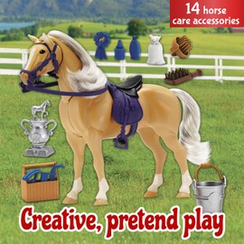 Palomino Horse with Moveable Head, Realistic Sound and 14 Grooming Accessories - Blue Ribbon Champions Deluxe Toy Horses