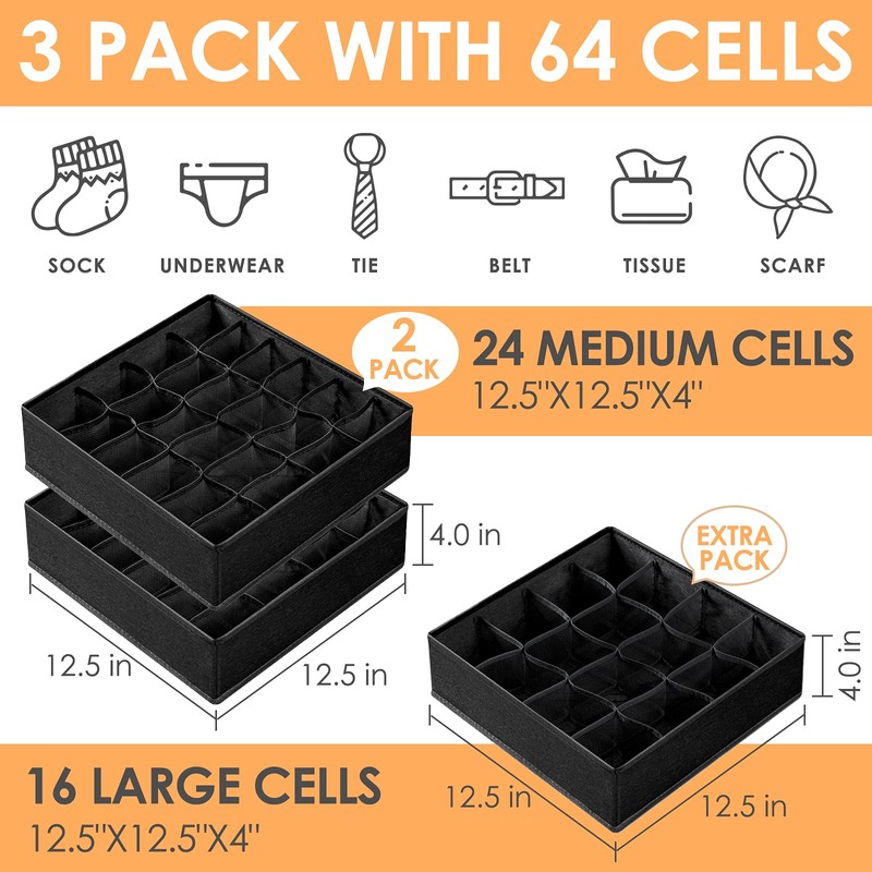 Criusia 3 Pack Sock Underwear Organizer Dividers, 64 Cell Fabric