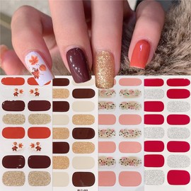 6 Sheets Fall Gel Nail Stickers Self-Adhesive Fall Full Nail Warps Maple Leaf Nail Polish Strips Autumn Gel Nail Strips Stickers Thanksgiving Nail Stickers for Nail Art Supplies for Women Nail Decor