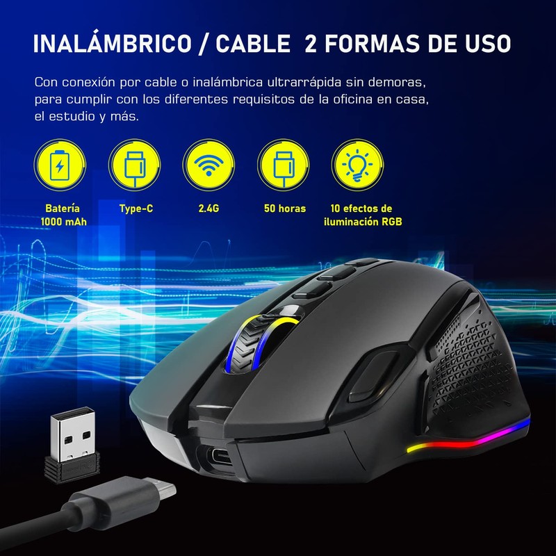 TERPORT S600 Mouse Gaming de Modo Dual Inalámbrico/Cable, 10000DPI Ratón