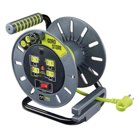 Masterplug Power At Work Four Powered Outlets, Open Cord Reel with Winding Handle, Overload Circuit Breaker and Power Switch, 3 Feet 14AWG, High Visibility Cord, Green