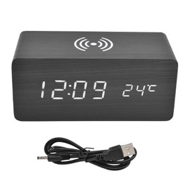Digital Alarm Clock Wireless Charging Automatic Temperature Detection Safe Stable LED Electronic ClockBlack