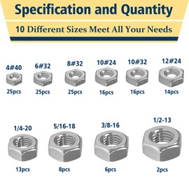 Vifmy 150pcs SAE Hex Nuts Assortment Kit,4#40 6#32 8#32 10#24 10#32 12#24 1/4-20 5/16-18 3/8-16 1/2-13 Hardware Nuts Sets,304 Stainless Steel