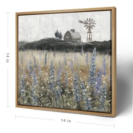 Framed Wall Art Vintage Classical Farmhouse Painting Rustic Countryside Wildflower Field Nature Meadow Landscape Retro Windmill Barn Canvas Print Wilderness Artwork for Bedroom Living Room 14"W x 14"H