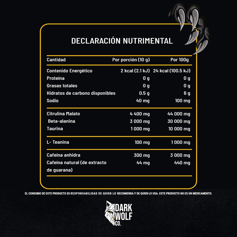 Polvo pre entreno Dark Wolf 300 g - 30 Porciones,