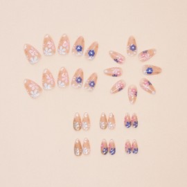 Almond Press On Nails with Blue Pink Flower Designs - Glossy Glue On Nails, Cute Acrylic Style, 30 Pcs