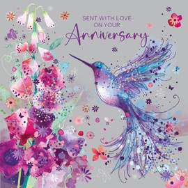 Cherry Orchard | Happy Anniversary Wishes Card | On Your Anniversary Special Couple | Gorgeous Colourful Hummingbird | Square Card | Complete with Envelope