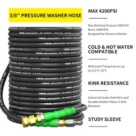POHIR 3/8" Pressure Washer Hose 50FT with Quick Connect 4200PSI Power Washer Hose for Hot and Cold Water Max 212℉ Kink Resistant Rubber Wire Braided Industry Grade for Pressure Washer