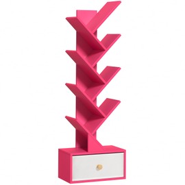 SHEEPAM 8 Tier Tree Bookshelf with Drawer, Free Standing Wood Bookcase for Narrow Space, Storage Organizer Bookshelves for Books, Book Case for Home Office, Living Room, Bedroom - Pink