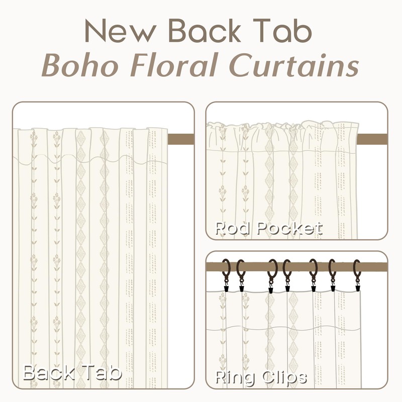 60 Inch Curtains Length,Linen Sheer Boho Farmhouse Floral Printed Pleated