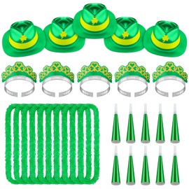 30 Pcs St Patricks Day Party Favors Costume Accessories Bulk Include 5 St Patricks Day Top Hats 10 Plastic Necklace Leis 5 Glitter Clover Tiaras Headbands 10 Green Horn for Irish Parade Party Supplies