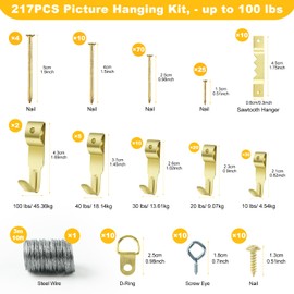 Stalishare Picture Hanging Kit, Easy-to-Use Picture Hanging Tool with Level and Marking Device, Including 217 Pieces of Wall Hanging Kit with Hooks, Nails, Wires and Hammer (Yellow)