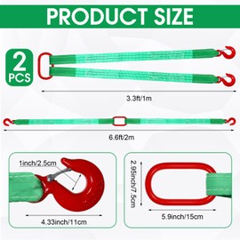 Maasechs 2 Pack Lifting Slings Straps with Hooks Capacity Polyester Bridle Sling Heavy Duty Two Leg Lifting Slings and Straps for Engines Cranes Hoists Truck Cargo (Green,3.3ft)