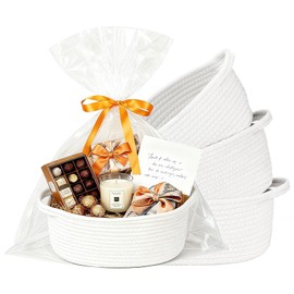 Gift Basket Empty, Small Woven Storage Basket with Gift Bags & Ribbons, Cotton Rope Room Shelf Storage Basket with Handle for Organizer Nursery Bins or Baby Shower 12" x 8" x 5" (White - 4 Pack)