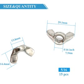 Yoliko 15 Pcs 5/16"-18 Wingnuts 304 Stainless Steel Wing Nuts Fasteners Parts Butterfly Nut, Hand Twist Tighten Hardware Nuts Butterfly Wing-Nut