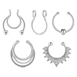 LunarCharm Pack of 5 Fake Septum Ring Made of Stainless Steel Septum Nose Ring Clip Fake Septum Nose Rings Fake Nose Ring Septum Fake Nose Ring Septum Fake Nose Ring