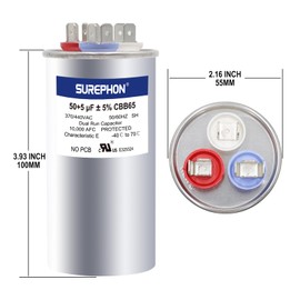 SUREPHON 50/5 Mfd Ac Capacitor 370V or 440V 50/60Hz CBB65B Air Conditioner Capacitors for AC Unit Fan Motor Start or Pool Pump or Air Condenser Straight Cool