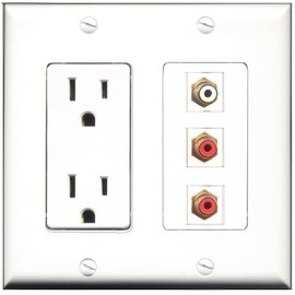 RiteAV - 15 Amp Power Outlet 2 Port RCA Red 1 Port RCA White Decorative Wall Plate