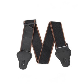 YUNYU Gitarrengurt, verstellbar, Jacquardgewebe mit Lederenden, Schwarz mit orangefarbenen Nähten, Schwarz , One size