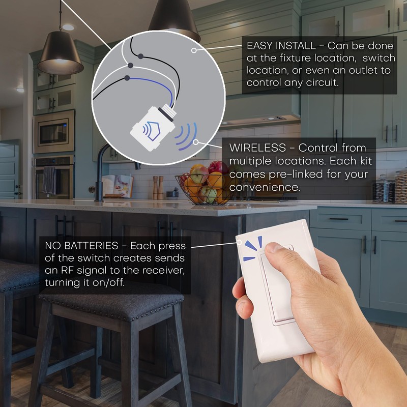 RunLessWire Single Pole Remote Light Switch Kit Wireless Battery-Free Self-Powered