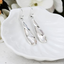 Vintage White Mother of Pearl Streak Teardrop .925 Sterling Silver Dangle Earrings