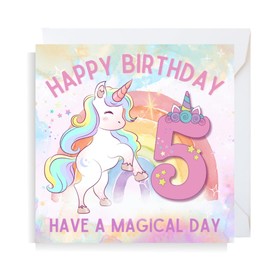 Second Ave Cute Pink Unicorn 5th Birthday Age 5 Square Birthday Greeting Card for Girl