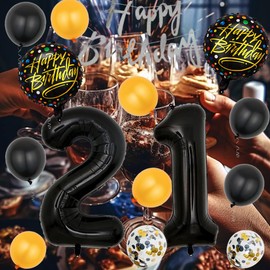 Black 21th Birthday Decorations Party Supplies-Silver Happy 21th Birthday Banner Latex and Confetti Balloons Paper Honeycomb Balls Huge Number 21 Balloons for Girls,Women,Men,Photo Props 21th Birthday