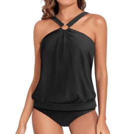 Daci Women Black Tankini Swimsuits Halter High Neck Two Piece Tummy Control Bathing Suits Blouson Swim Tank Top with Bottom L