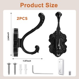 Zonon 2 Pcs Vintage Coat Hooks Antique Black Wall Hooks for Hanging Purse Hat Keys Clothes Curtain Unique Heavy Duty Bathroom Decor