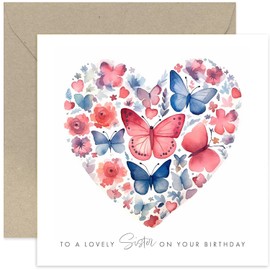 Old English Co. A Lovely Sister Birthday Card for Her - Butterfly Heart Red Blue Watercolour Artwork Birthday Card for Sister from Brother, Sibling - Cute Sister Birthday Card | Blank Inside Envelope