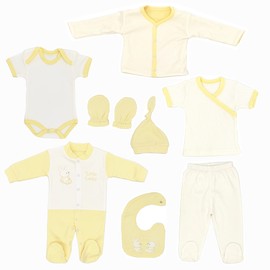 Blue Eyes Baby Gift Set 8 Pieces 100% Natural Cotton - Newborn First Equipment for Boys and Girls Unisex Clothing 0-4 Months (Yellow Rabbit)