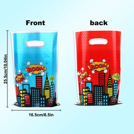 SAVITA Pack of 50 Spider Party Gift Bags, Red and Blue Double Sided Designs City Cartoon Theme Goodie Candy Gift Bags Party Supplies for Birthday Decorations