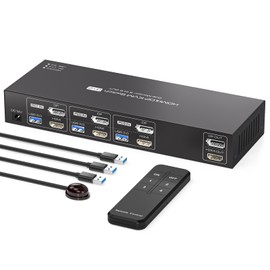 PVBCTCSID HDMI Displayport KVM Switch 3 PC 2 Monitors 8K60Hz DP 1.4 HDMI 2.0 KVM 3 in 2 Out USB 3.0 Switch for 3 PC Dual Monitors and 4 USB 3.0 Devices Share with IR Remote Control and Power Supply