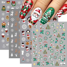 4 Sheet Christmas Nail Art Stickers Xmas Nail Decals 5D Self-Adhesive Winter Nail Sticker Snowflakes Christmas Tree Elk Gingerbread Man Snowman Design for Women Holiday Manicure Decoration