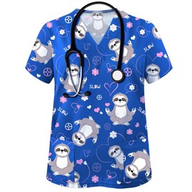 VillbeCoser Scrubs for Women V Neck Cute Printed Scrub Tops Women Nurse Shirt Soft Casual Uniform with Pockets