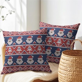 Dark Blue Red Christmas Pillow Covers 18x18 Set of 2 Xmas Santa Tree Pattern Rustic Decorative Outdoor Farmhouse Pillowcases Decorations Winter Holiday Throw Cushion Cover Decor for Couch Sofa Bed