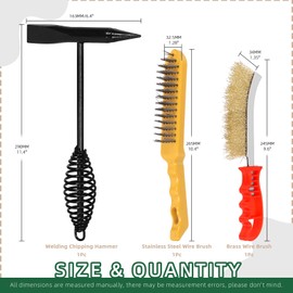 Keadic 3pcs 10" Welding Hammer Slag Removal Tool and Wire Brush, 500g Forged Steel Welding Chipping Hammer with Coil Spring Handle, Shock-Dampening Chisel Slag Hammer for Rust Slag Removing