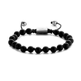 Frank 1967 Men's 6mm Beaded Black Agate Bracelet in Stainless Steel, 7.5-9.5"