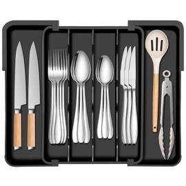Spaclear Kitchen Silverware Organizer for Drawer - Expandable Silverware Drawer Organizer Adjustable Utensil Drawer Holder, Flatware Cutlery Tray for Spoons Forks Kitchen Organizers Storage,Black,S