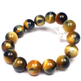 Happiness Stone Rare Luxury Natural Stone Accessory Two-Tone Tiger Eye (Gold Blue) Power Stone Bracelet (0.6 inch (14 mm) Front and Rear Beads)