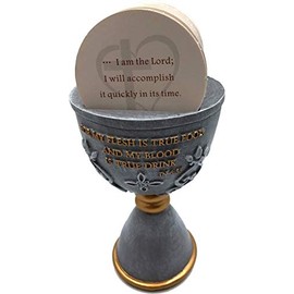 Holy Land Market Stone Communion Cup/Chalice and Hosts with 150 Different Biblical Verses (6 Inches high) - Dark Grey