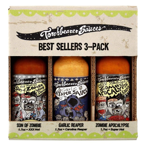 Torchbearer Sauces Best Sellers 3-Pack Mini Hot Sauce Gift Set, 1.7 Oz Each: Zombie Apocalypse, Garlic Reaper, Son of Zombie