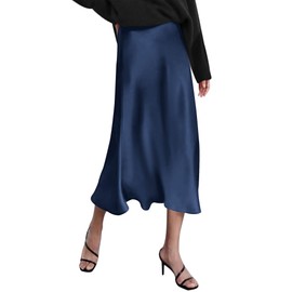HOTOUCH Womens Blue Satin Midi Skirt Zipper High Waist Skirt Elegant Silk Flare Skirts A Line Silk Skirt Navy Blue Medium