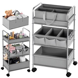 Honeydak 2in1 Baby Diaper Caddy Organizer Cart 3 Tier Large Capacity Metal Utility Bedside Rolling Cart with Divider for Newborn Nursery Essential Must Have for Crib Bedroom Baby Shower(Gray)