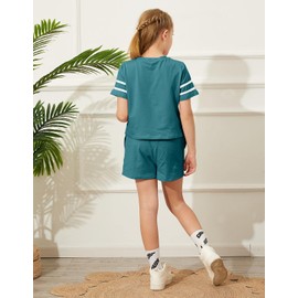 Haloumoning Girls Summer Crop Tops and Shorts Set Cute Color Block Two Piece Outfits Casual Sweat Tracksuit with Side Pockets