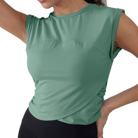 YIPINK Women's Fitted Workout Tank Top​​ Lightweight Yoga Shirt with Waist Gathers - Running & Gym Crop Top Green