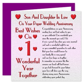 Son & Daughter In Law 1st Wedding Anniversary Card - On Your Paper Anniversary - 1 Year - Sentimental Verse