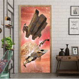 artfanke 3D Door Sticker Peel and Stick - Spaceship Fighters at Sea Self-Adhesive Door Murals Wallpaper - PVC Door Wall Decal for Home Decor 30.3"x78.7"