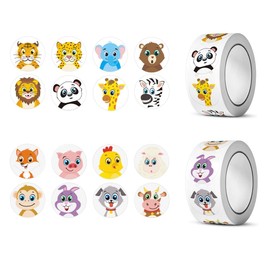 1000 Pcs Round Animal Stickers, 2 Rolls 2.5cm in Diameter Motivational Reward Stickers, 16 Designs Round Animal Stickers for School Classroom Gift Reward
